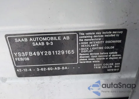 2008 Saab 9-3 2.0T from USA, damaged, VIN YS3FB49Y281129165